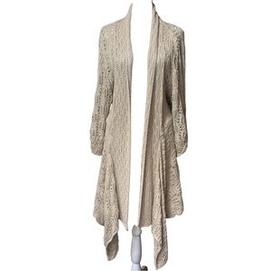 Coldwater Creek Crochet Long Duster Cardigan 3/4 Sleeve Open Front High/Low